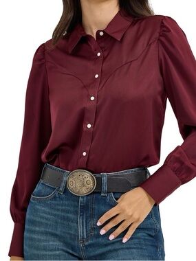 Wrangler Rodeo Satin Pearl Snap Shirt Blouse in Burgundy Port NWT